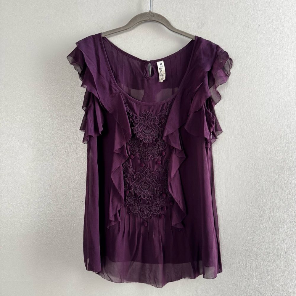 Floreat Anthropologie Blackberry Infusion Silk Blouse Romantic Boho Ruffle sz 8